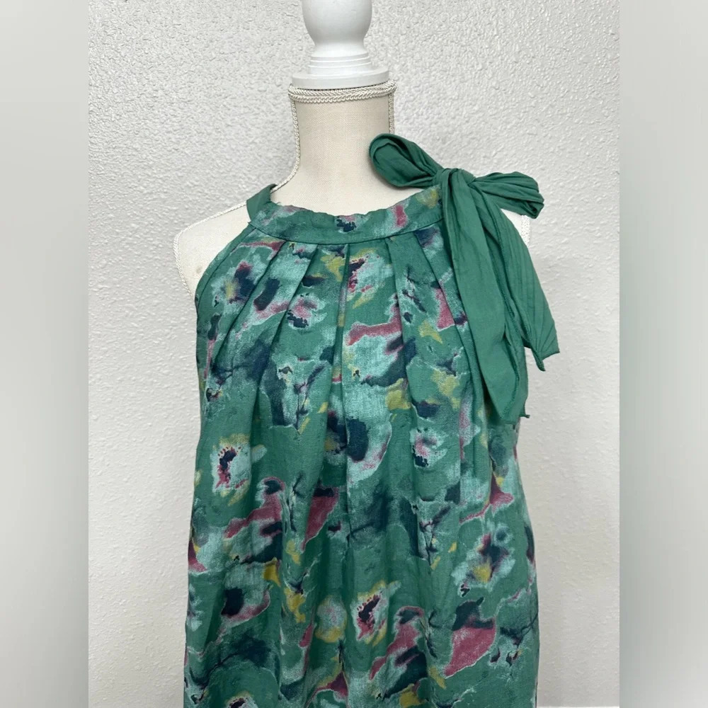 Bellambra Pure Linen Dress Made In Italy Halter Green Floral Pullover Tie Size L - Picture 3 of 10